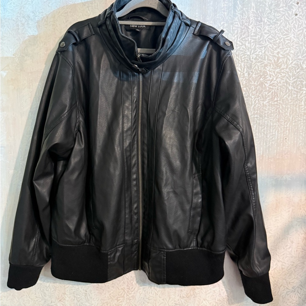 New Look Black Faux Leather Bomber Jacket with Epaulets, Moto, Bikercore, Sz 3XL